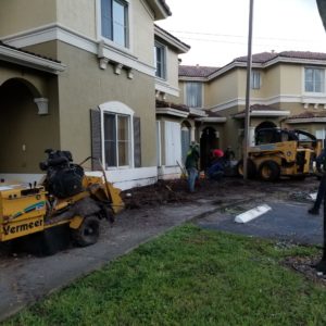 GARDNERS WORKING ON SOIL IN FRONT OF A HOUSE WITH GARDENING HEAVY MACHINERY