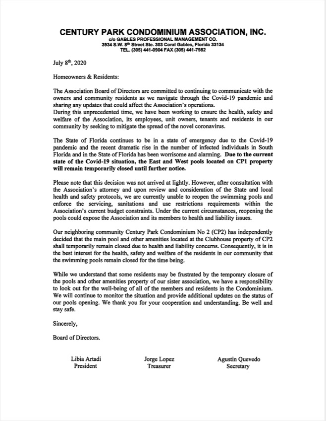 Letter To Homeowners And Residents About The Temporary Closing Of The Community Pools