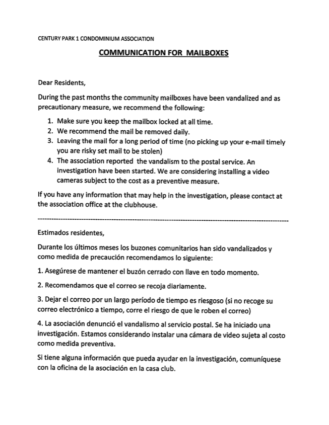 Letter About Communication For Mailboxes
